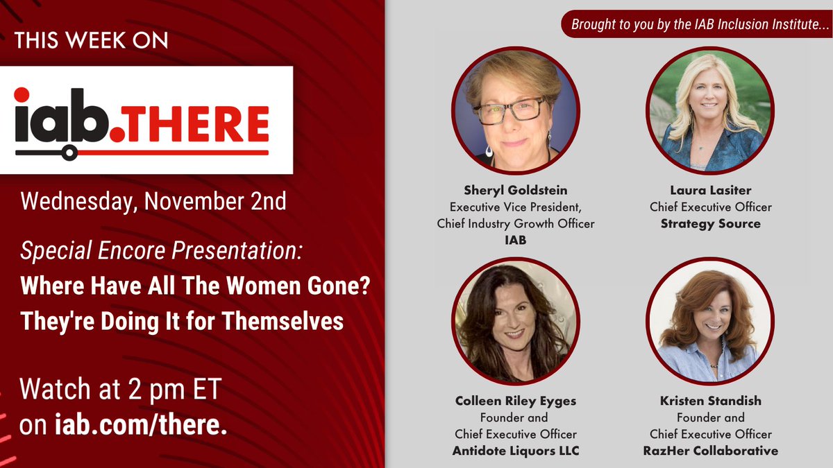 iab's tweet photo. Women often quit due to non-inclusive behaviors, discrimination &amp; pay gaps. Tune the 2pm conversation with #IAB's @sherylgoldstein, Laurac Lasiter of @StrategySource, Colleen Riley Eyges of Antidote Liquors &amp; @krislstandish of RazHer Collaborative: https://t.co/VLr7MTj8ye https://t.co/coDa9WeJgu
