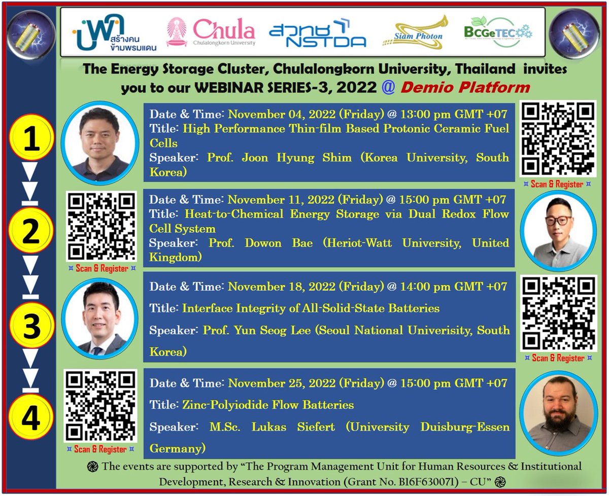 BaeDowon's tweet photo. Excited to be invited at the 3rd Webinar Series of the Energy Storage Cluster, Chulalongkorn University (Thaliand). I will be talking about our recent Dual-cell model for Heat-to-Chemical-to-Electricity conversion. #EECSlab #ChulaU #RFB #Webinar #nESSI https://t.co/38XvLscvXp