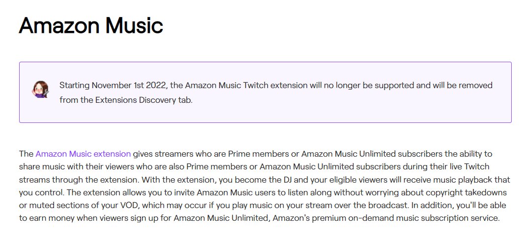 zachbussey's tweet photo. Amazon (or Twitch) has killed off the Amazon Music Extension.

The extension allowed streamers to play music (muted on stream) that the audience could click to listen to on their own Amazon Music accounts. (Basically, Watch Parties for music.)

#TwitchNews https://t.co/SQBu0vaSrP