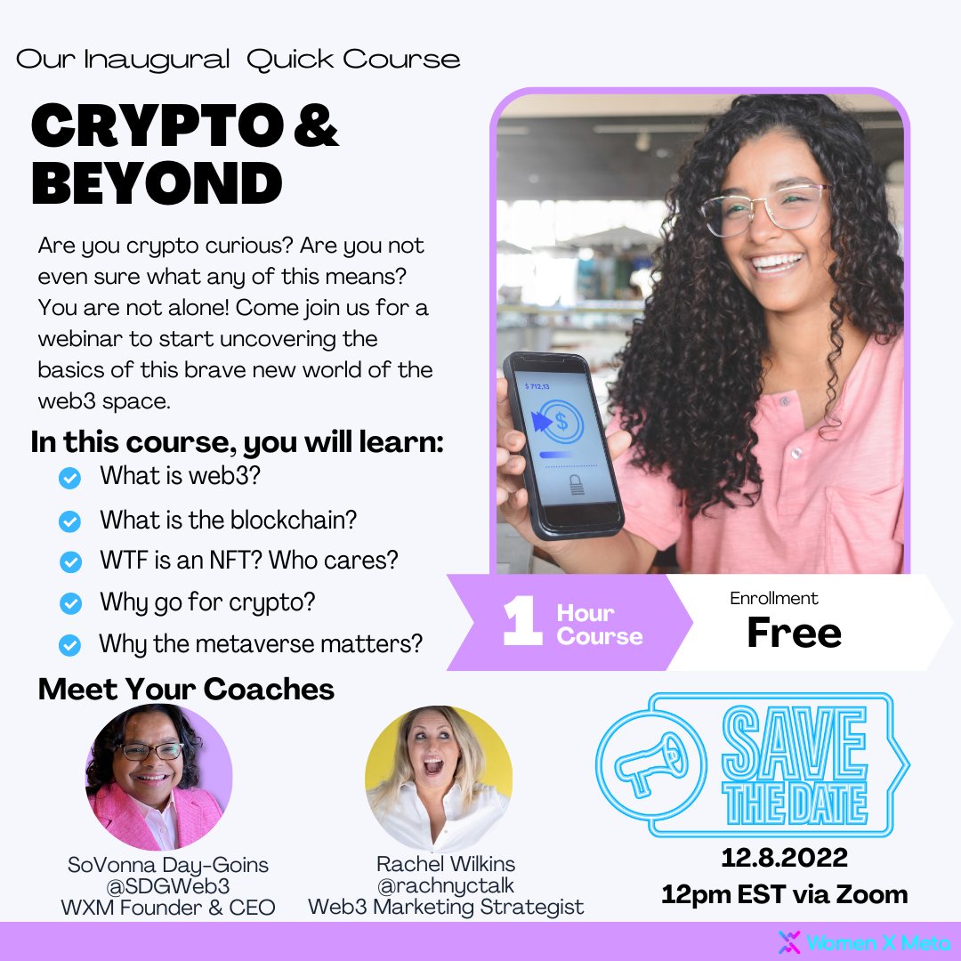 womenxmeta's tweet image. Exciting 📰 to share! Next month, WXM is launching our Learning Lounge, a collection of specially curated experiences just for you! Save the date for our first #LearningCommunity experience &amp;amp; #QuickCourse, Crypto &amp;amp; Beyond! #WXMLearn #WXMGrow