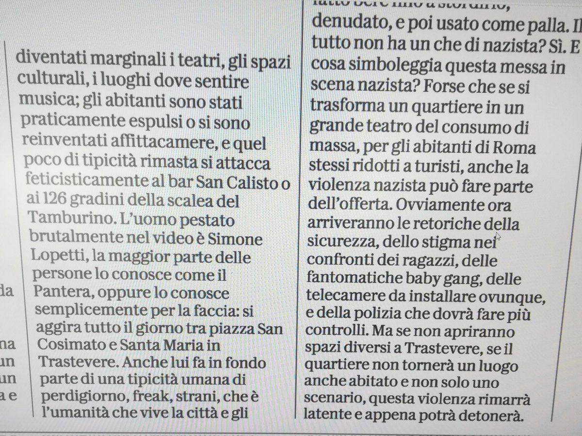 L'analisi esatta del fenomeno "movida" su <a href="/repubblica/">Repubblica</a> (dispiace per lo sciopero delle firme): inutile riempire le strade di telecamere e polizia quando si continua a non vedere lo scempio che è stato fatto di un quartiere #Trastevere