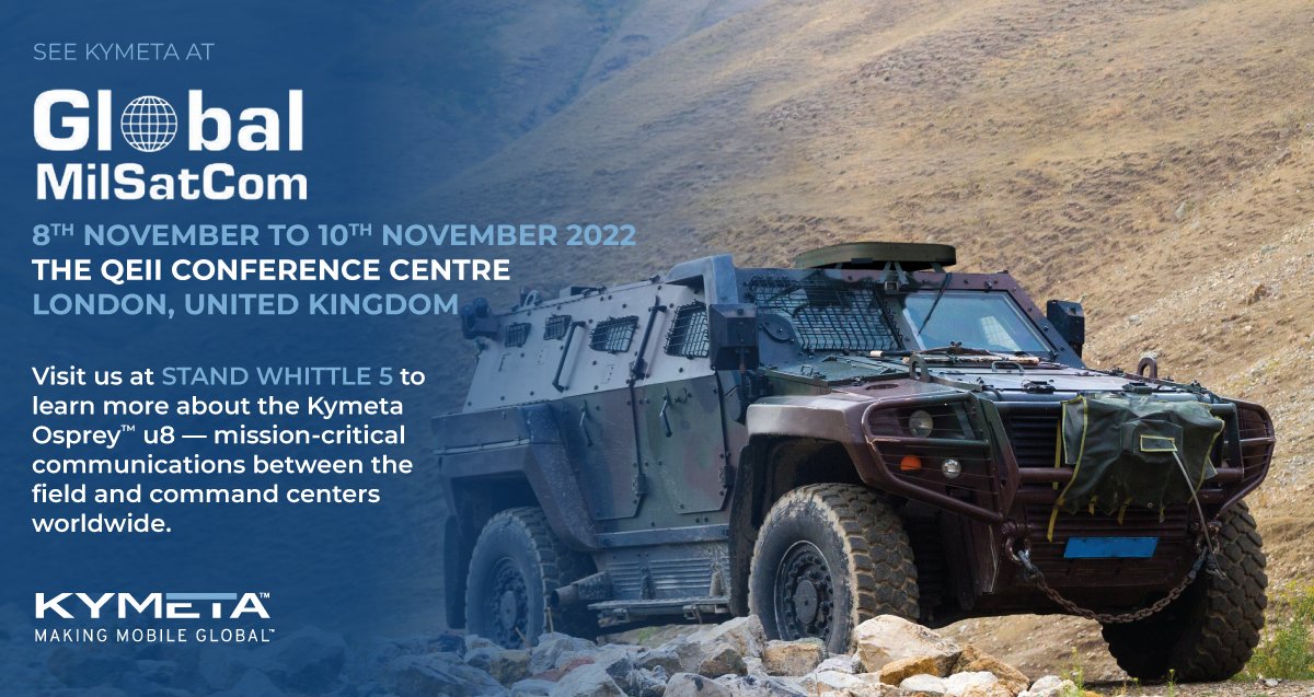 Connect with our team at #GlobalMilSatCom from November 8th-10th to learn how the Kymeta Osprey™ u8 enables #SatcomOnTheMove and #cellular connectivity for warfighters around the globe and in critical #ContestedEnvironments. More #MoD solutions: bit.ly/3Ttaqrt.