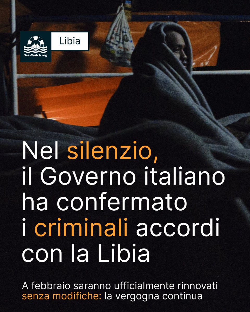 SeaWatchItaly's tweet photo. 🔴 Il Governo italiano conferma i criminali accordi con la Libia. 

Scadeva oggi il termine per modificare il Memorandum Italia-Libia. 

Altri 3 anni di soprusi e violazioni dei diritti umani finanziati dall'Italia e dalle tasse degli italiani.

Nessuno potrà dire che non sapeva. https://t.co/RyKZuGFk43