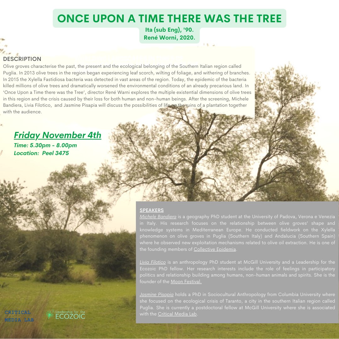 LiviaFilotico's tweet photo. On Friday I'm talking to Michele Bandiera and Jasmine Pisapia about their work on political ontology, evil bacteria and olive groves in Southern Italy. Their work touches the heart. Come along Montreal folks! https://t.co/rfrXRPeBQL