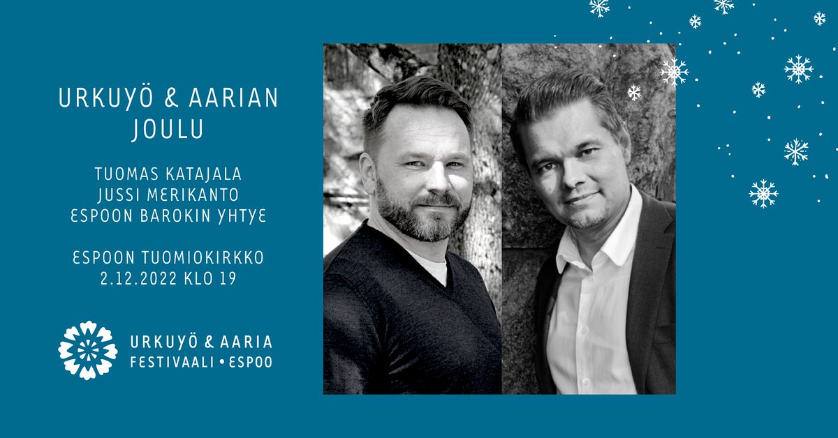 Urkuyö ja Aaria -festivaalin joulukonsertissa 2.12.2022 soivat Bachin ja Händelin aariat sekä perinteiset joululaulut, myös yhteislauluina. Esiintyjinä tenori Tuomas Katajala, baritoni Jussi Merikanto sekä Espoon barokin jousiyhtye. 

Lue lisää: bit.ly/3SZgzun
<a href="/lippu_fi/">lippu.fi</a>
