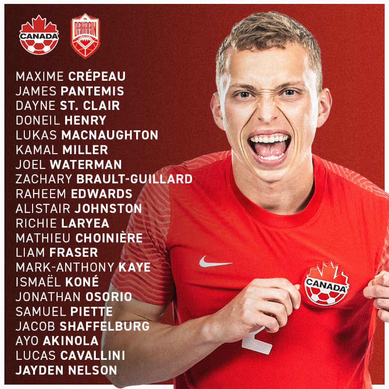 CanadaSoccerEN's tweet photo. Your #CANMNT Squad v. Bahrain 🍁

#WeCAN