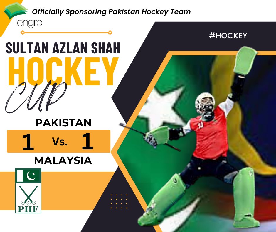 Pakistan Played 1-1 Draw with Host Malaysia in the 2nd. Game at Sultan Azlan Shah Hockey Cup Malaysia
<a href="/NOCPakistan/">Pakistan Olympic Association</a> 
<a href="/FIH_Hockey/">International Hockey Federation</a> 
<a href="/asia_hockey/">Asian Hockey Federation</a> 
<a href="/SportsBoardPak/">PakistanSportsBoard</a> 
<a href="/mo_ipc/">Ministry of Inter Provincial Coordination</a> 
<a href="/PlayersPk/">players.Pk</a>