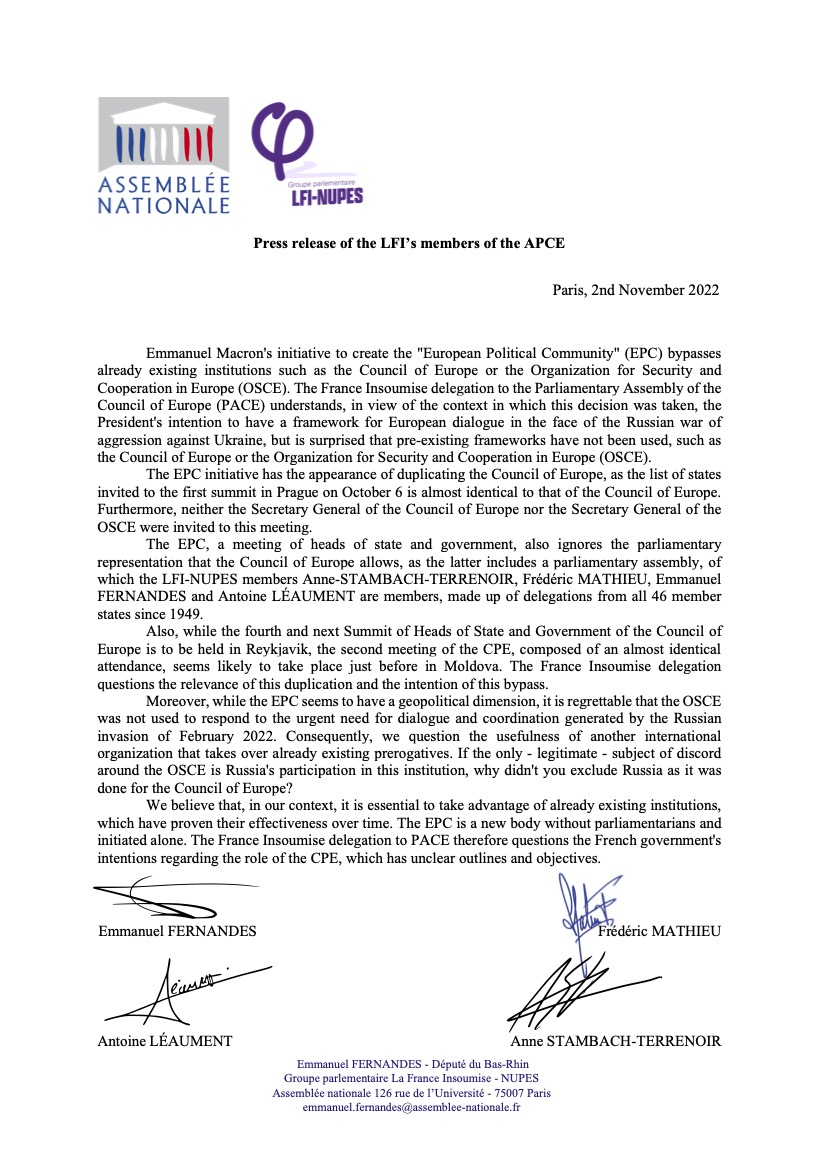 EmmanFernandes's tweet image. 🔴We must prevent the marginalization of the Council of Europe @CoE_en! 

Here is our press release signed by the @FiAssemblee MPs members of the French delegation of the Parliamentary Assembly of the Council of Europe (PACE)👇