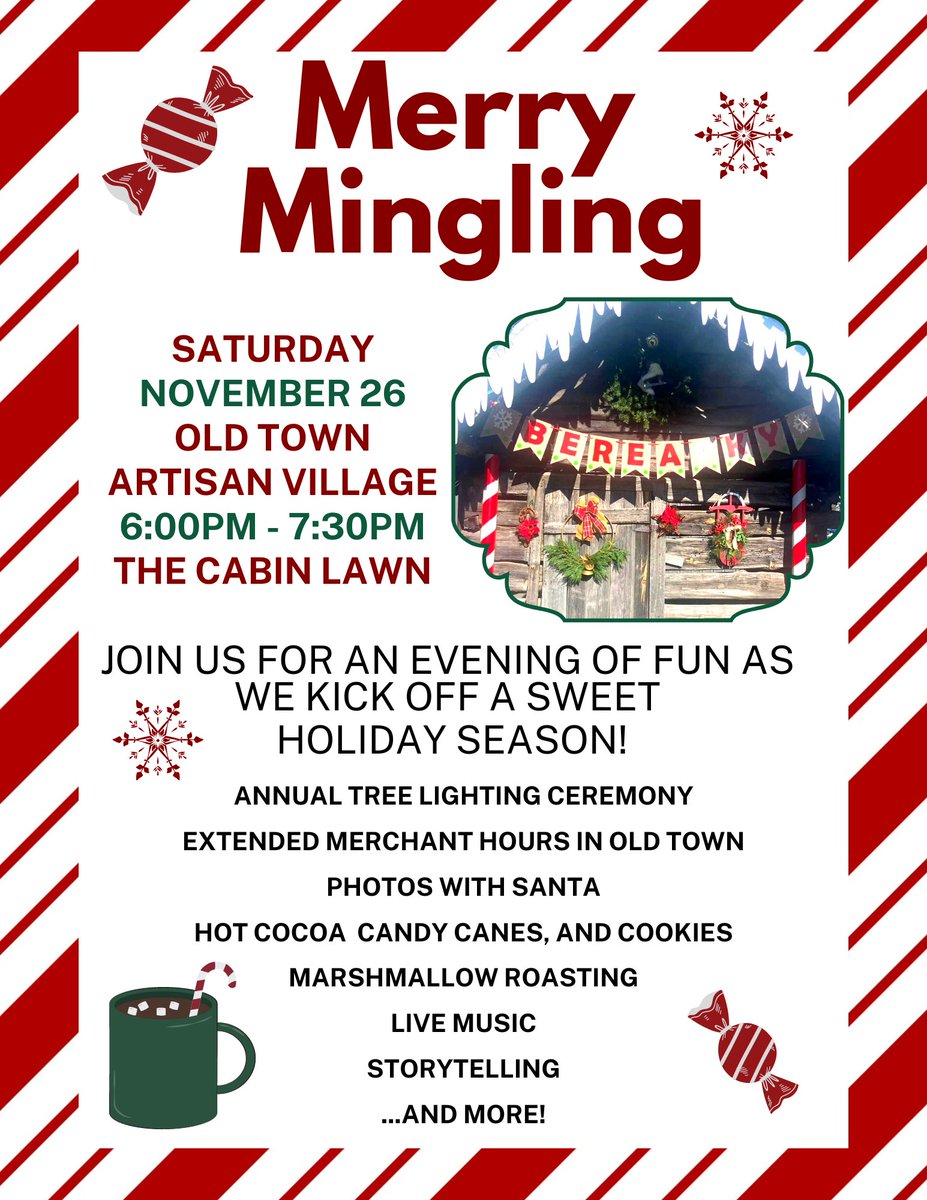 We had such a great turn out last year that we’re excited to do it all over again! One you finish your Small Business Saturday shopping, come out to the Lawn in the Old Town Artisan Village for our annual Merry Mingling! It’s the perfect place to kick off the Christmas Season.