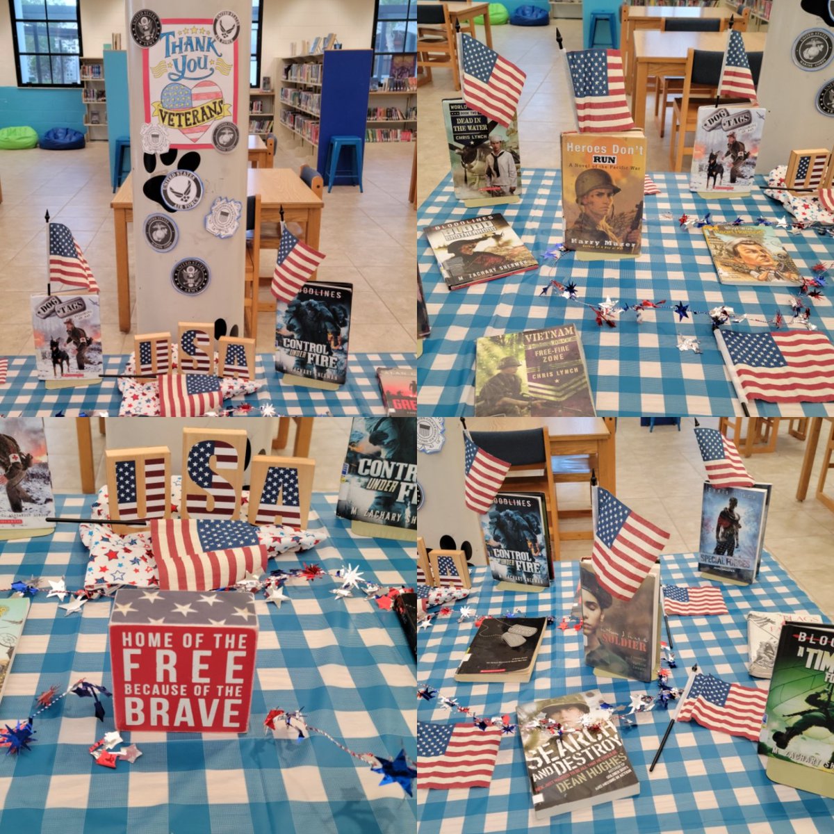 Honoring Veterans in our OMS Library book display. 
#homeofthefree
#ThankYouVeterans 
#betheblue💙
#bluenation🐾