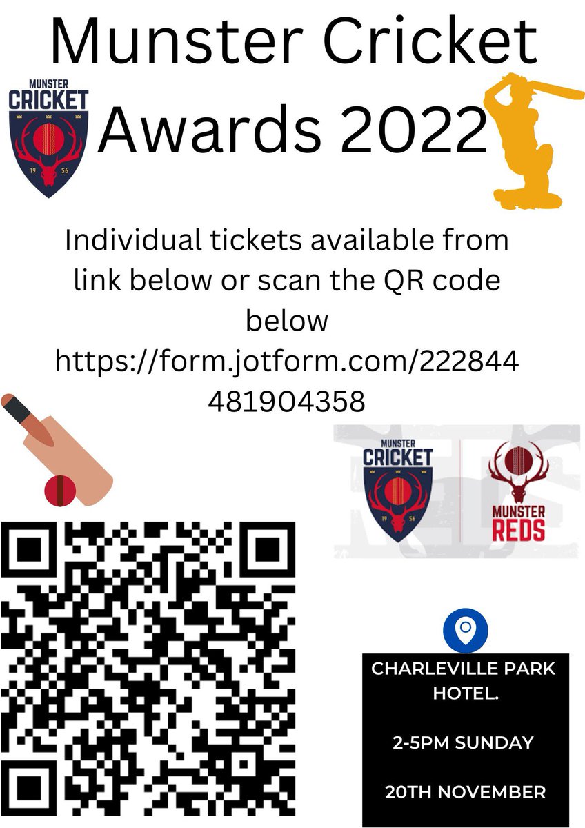 Munster Cricket (@munstercricket) on Twitter photo Announcement🎉 !!
<a href="/MunsterCricket/">Munster Cricket</a> Awards will go ahead on the 20th of November in the Charleville Park Hotel between 2pm and 5pm. All are welcome. Announcement🎉 !!
<a href="/MunsterCricket/">Munster Cricket</a> Awards will go ahead on the 20th of November in the Charleville Park Hotel between 2pm and 5pm. All are welcome.