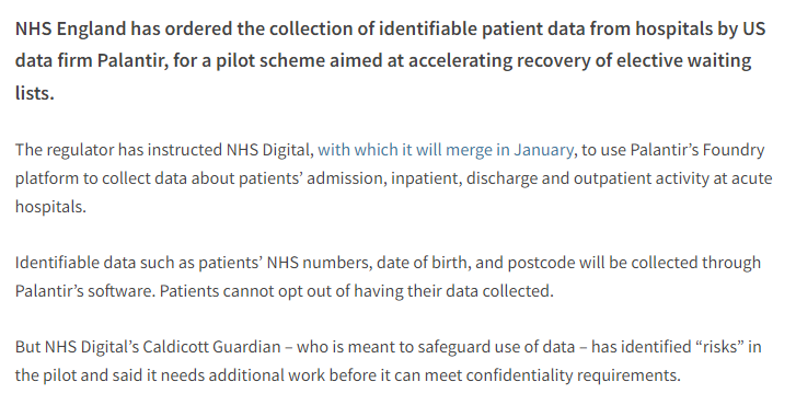 ncarding's tweet image. NEW: @NHSEngland has ordered @NHSDigital to use @PalantirTech software to collect more patient data from hospitals, under a new pilot. 

NHSE says the data collection will speed up decision-making and help reduce elective waiting lists. 

Full story: hsj.co.uk/technology-and…
