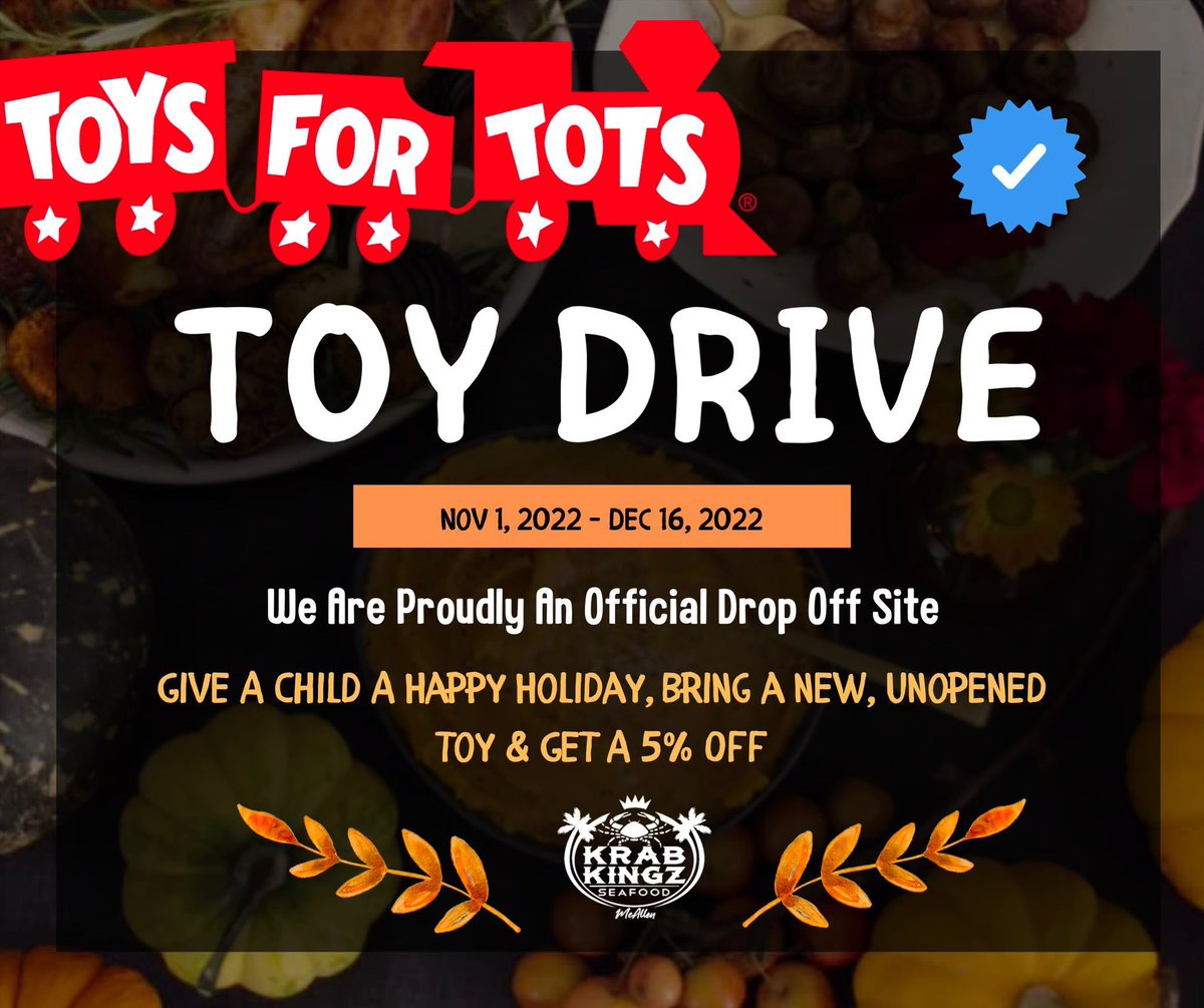 2nd Annual Toys 4 Tots Toy Drive🚂
Stop By & Bring A Toy🧸
Get 5% OFF🦀

📍400 W Nolana Ste A2
McAllen, Texas 78504 🚂💨
956-426-4211📱

#toysfortots #toysfortots2022 #toydrive #donations #holidayseason #giveback #tistheseason 
#krabkingzmcallen