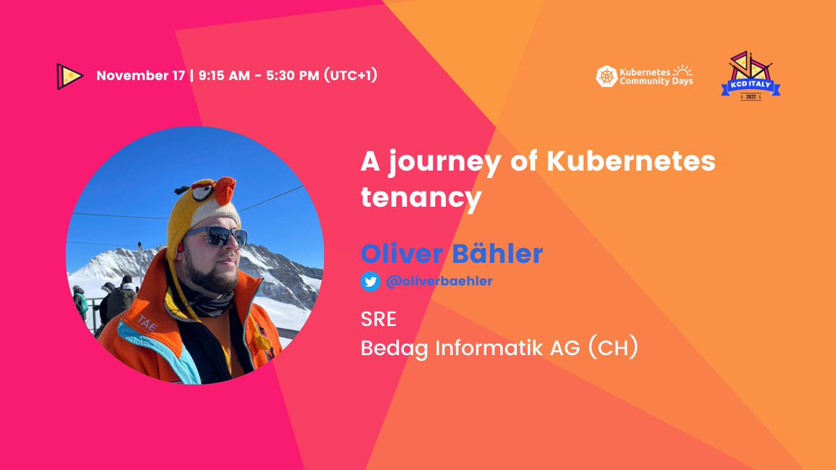.<a href="/oliverbaehler/">oliverbaehler</a> we love your cap 😍 - you should have your talk with that on! 

So folks, here we are with our next speaker who will take us through the Kubernetes Tenancy. 
Can't wait to listen to you Oliver!

#kcd #kcditaly <a href="/CloudNativeFdn/">CNCF</a> <a href="/KubernetesDays/">KCDs by CNCF</a>