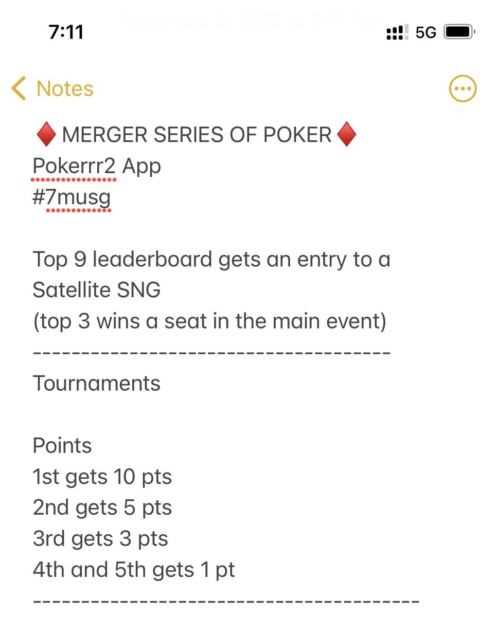 MergerRoom's tweet photo. 🚨MERGER SERIES OF POKER🚨

🔥NLH Tourney Tonight🔥

POKERRR2 App!!!
Club Code: #7musg
NO MORE TIPS!

8:30PM EST

- 50 Buyin (45 +5)
- 5000 Starting Chips 7 min Blinds
- 60 Mins Late Registration
- No Rebuys

* payouts will be decided after late registration period is over https://t.co/zyGyLjYVaQ