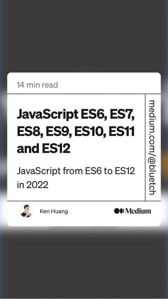 plainJavaScript's tweet image. “JavaScript ES6, ES7, ES8, ES9, ES10, ES11 and ES12” by Ken Huang
link.medium.com/zCmbiKc6Cub