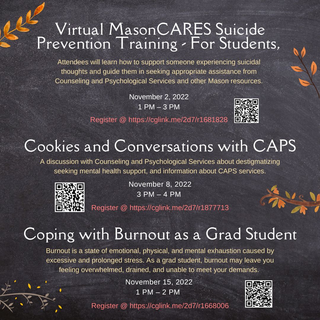 caps_gmu's tweet photo. Can you finally feel that sweater weather?! The end of the semester is in sight. Take a quick self-care break from school work and join one or more of our CAPS events this month! https://t.co/8dgoelK3JQ