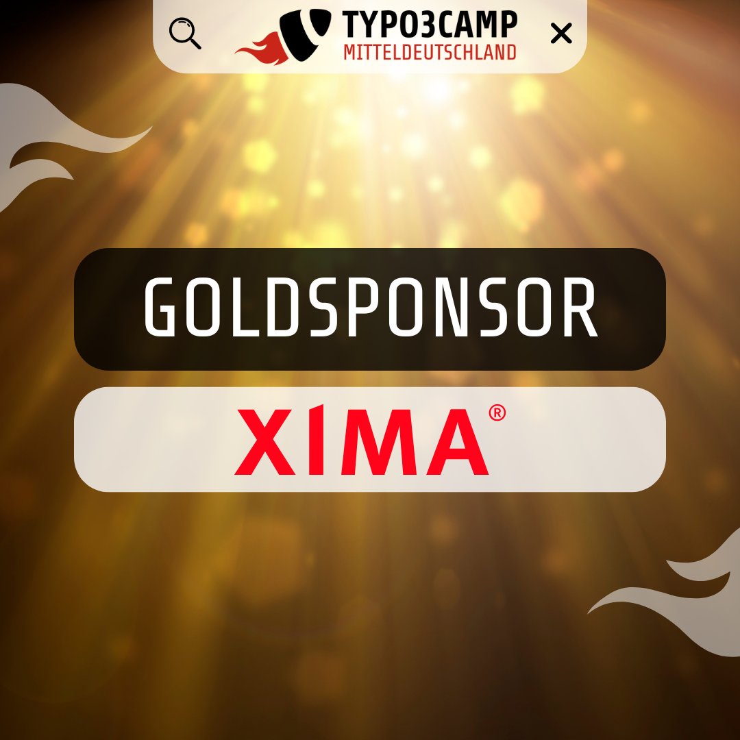 T3Cmd's tweet photo. Ihr seid #goldig! 💫 @XIMA_DRESDEN  wird erneut #GOLD-Sponsor des #TYPO3Camps Mitteldeutschland. 🤩 Wir sind sehr dankbar und freuen uns auf euch! 🎉

#TYPO3 #T3CMD #teamxima #ximamedia https://t.co/C4zrrzd6G7
