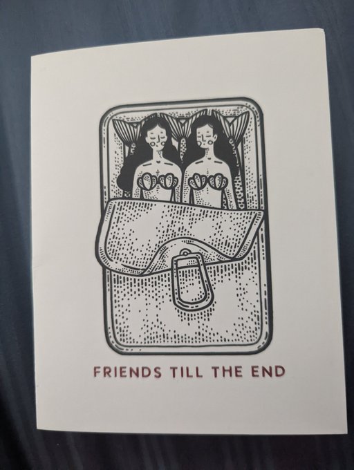 my 4yo niece picked out a hilariously morbid card to congratulate my wife and i on our wedding https://t