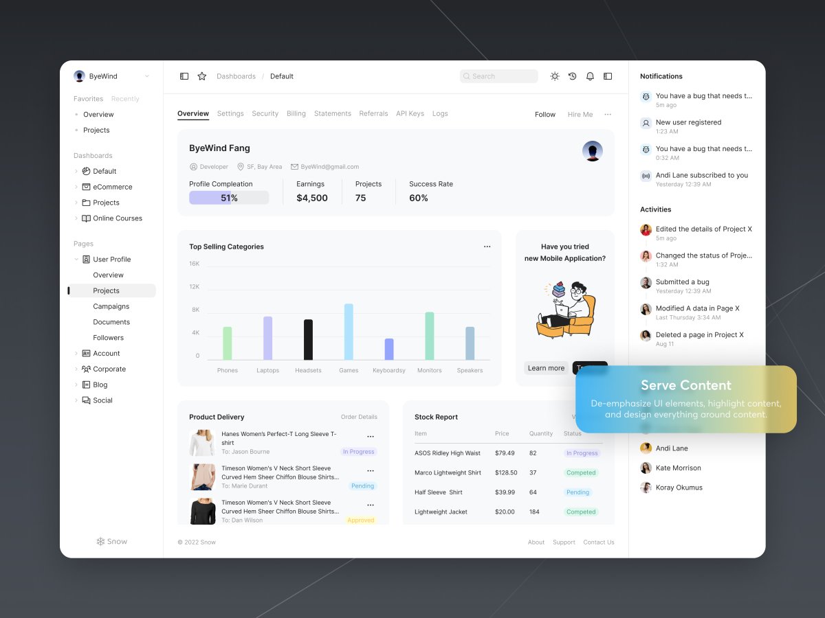 FarewelltoWind's tweet image. Serve Content
De-emphasize UI elements, highlight content, and design everything around content.
#SnowUI #Dashboard #DashboardUIkit #UIkit #UIdesign #Figma #Dribbble #Behance #UI