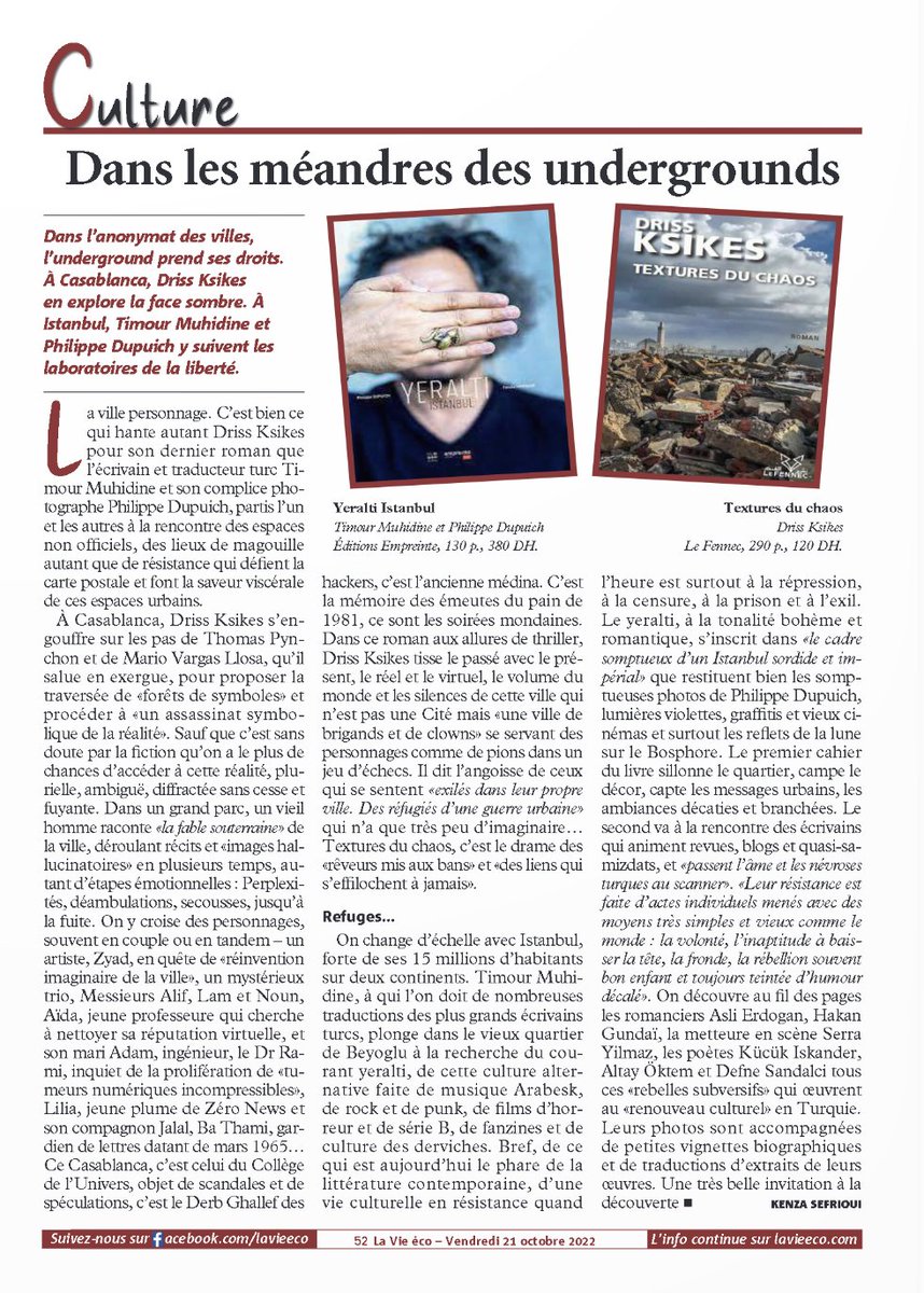 Ed_empreinte's tweet photo. Merci à @JournalLavieeco, hebdomadaire marocain, pour ce très bel article sur notre ouvrage "Yeralti Istanbul" de Philippe Dupuich et Timour Muhiddine !
#istanbul #litteratureetrangere https://t.co/d7CQX50M1h