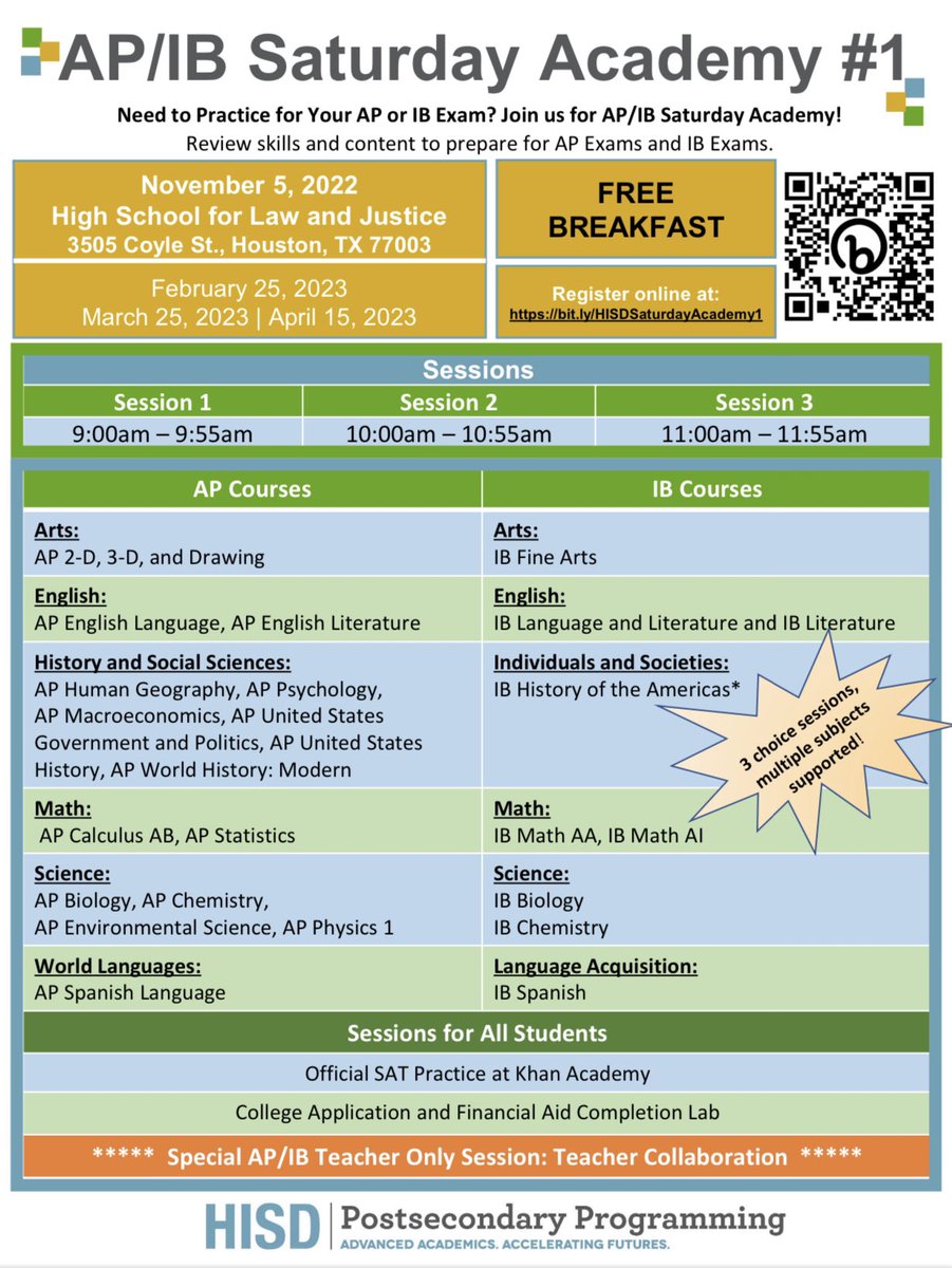 REGISTER TODAY for the AP/IB Saturday Academy ➡️ bit.ly/HISDSaturdayAc… Free Breakfast, Prizes, and support for your AP and IB courses! We look forward to seeing you there this Saturday @HSLawAndJustice @iborganization @APforStudents @HoustonISD