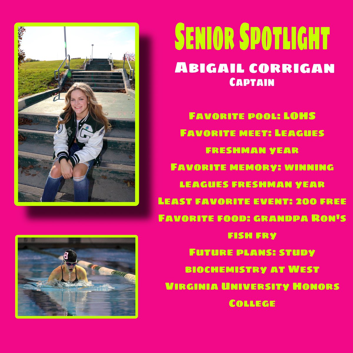 Our next Senior Spotlight: captain Abby Corrigan! Abby is a swimmer and has been on the team for 4 years :)