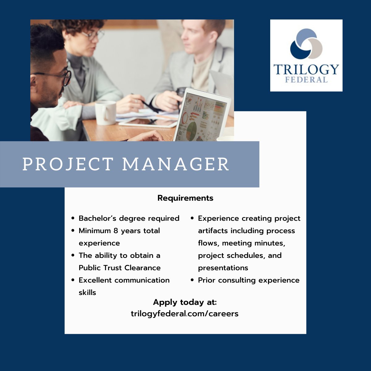 TrilogyFederal's tweet photo. Trilogy is looking for a talented and energetic Project Manager to join our VA team! Learn more and apply directly at https://t.co/NmSLSpYTvL https://t.co/yVsmJqtlVV