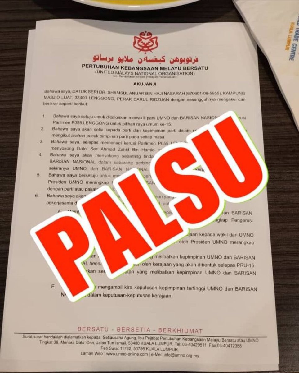 Akujanji palsu disebar. Terdesak mereka ini ketahap yg hina. Usaha fitnah yg gagal. #UMNO & #BN tidak akan tewas dengan fitnah spt ini lagi kerana kami sudah tahu taktik kotor pihak mereka. Jangan terpedaya kali ini spt #PRU14. Cukuplah sekali ditipu. Ya jangan ditipu kali kedua.