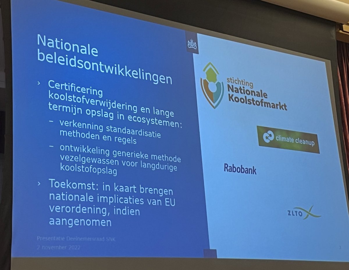 Openbare bijeenkomst <a href="/natCO2markt/">nationaleCO2markt</a>, volle bak. Het begint met een presentatie van <a href="/minlnv/">Minlvvn</a>; het ministerie is erg geïnteresseerd in koolstofvastlegging in bodems voor het halen van de Parijs doelen. De <a href="/EUClimateAction/">EU Climate Action</a> komt binnenkort met een concepten richtlijn daarvoor