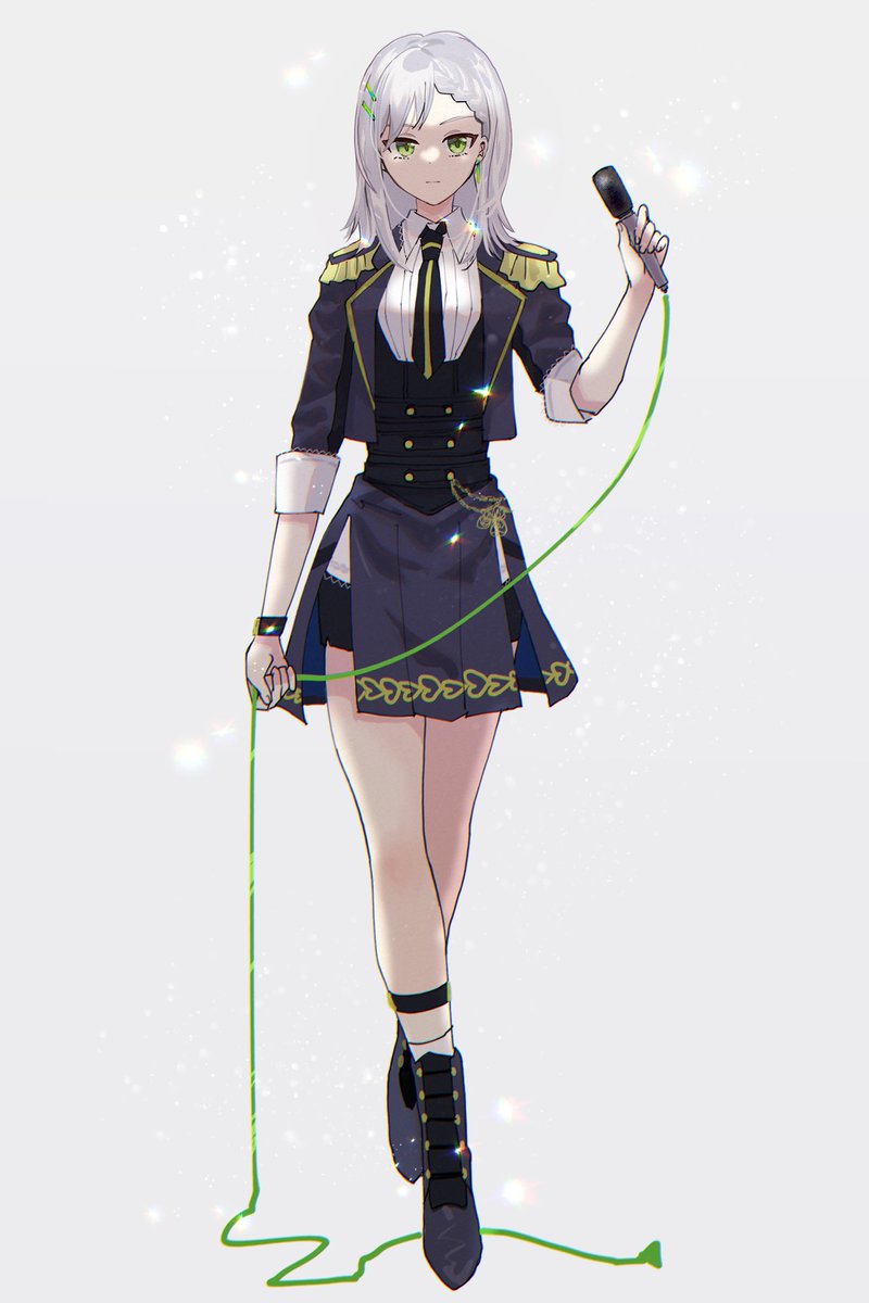 1girl solo green eyes holding microphone necktie skirt  illustration images