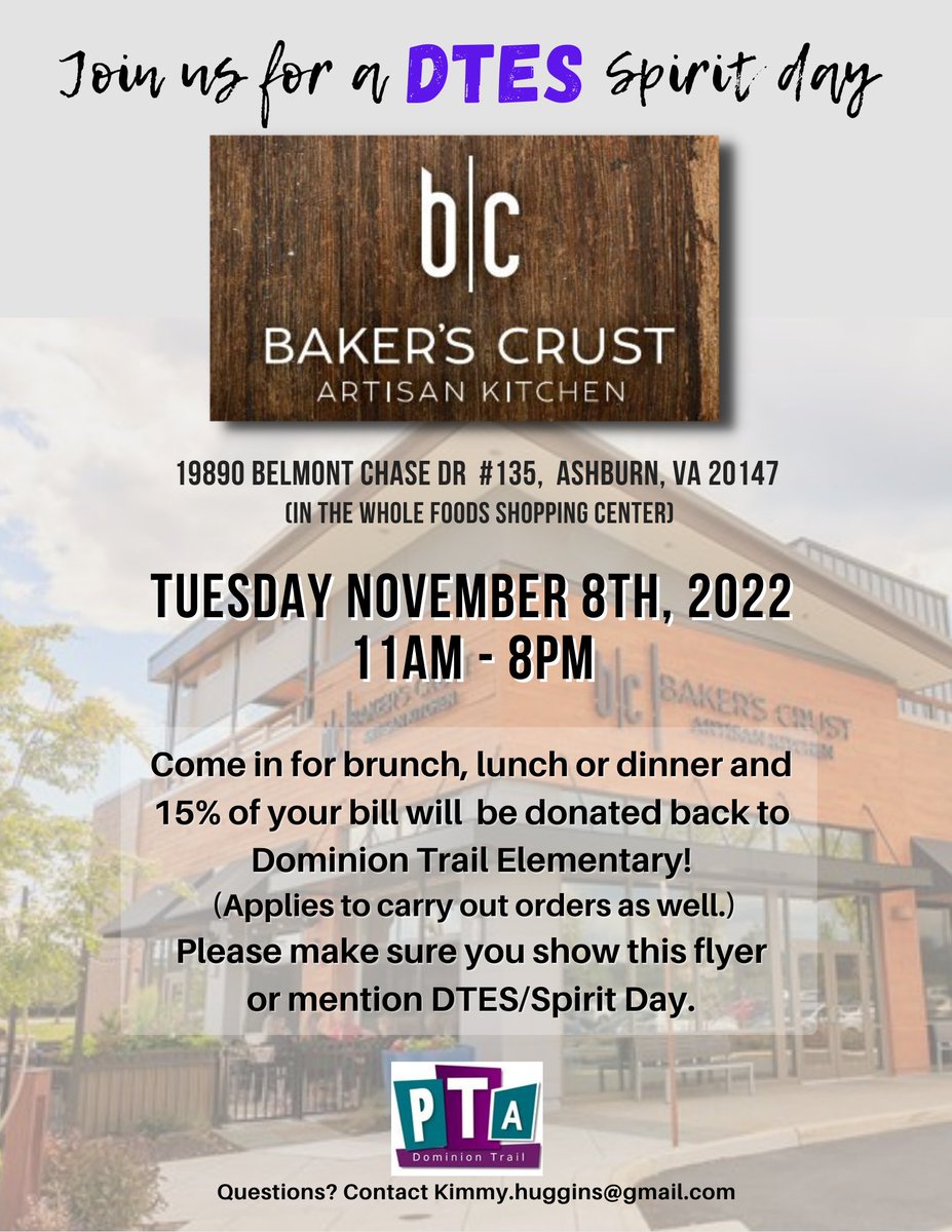 Join us at <a href="/BakersCrust/">Baker's Crust</a> for a spirit day on Tuesday, November 8th!