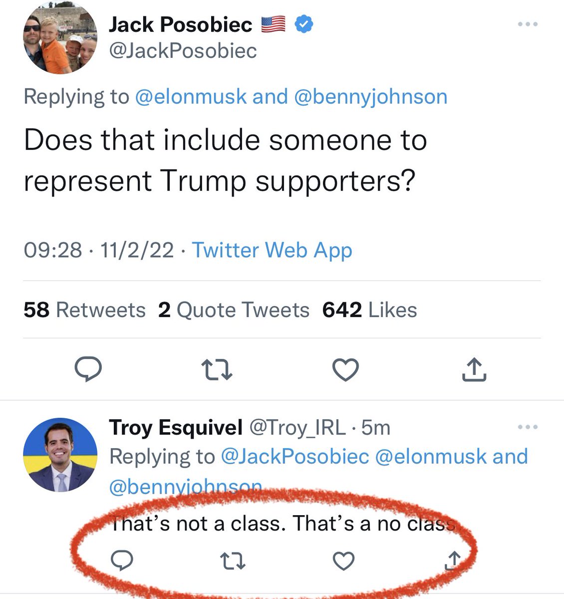 0gafs's tweet photo. @Troy_IRL @JackPosobiec @elonmusk @bennyjohnson @Troy_IRL I see your comment about class is very popular. Truth in Tweets. #truthintweets https://t.co/8gC70dmJAN