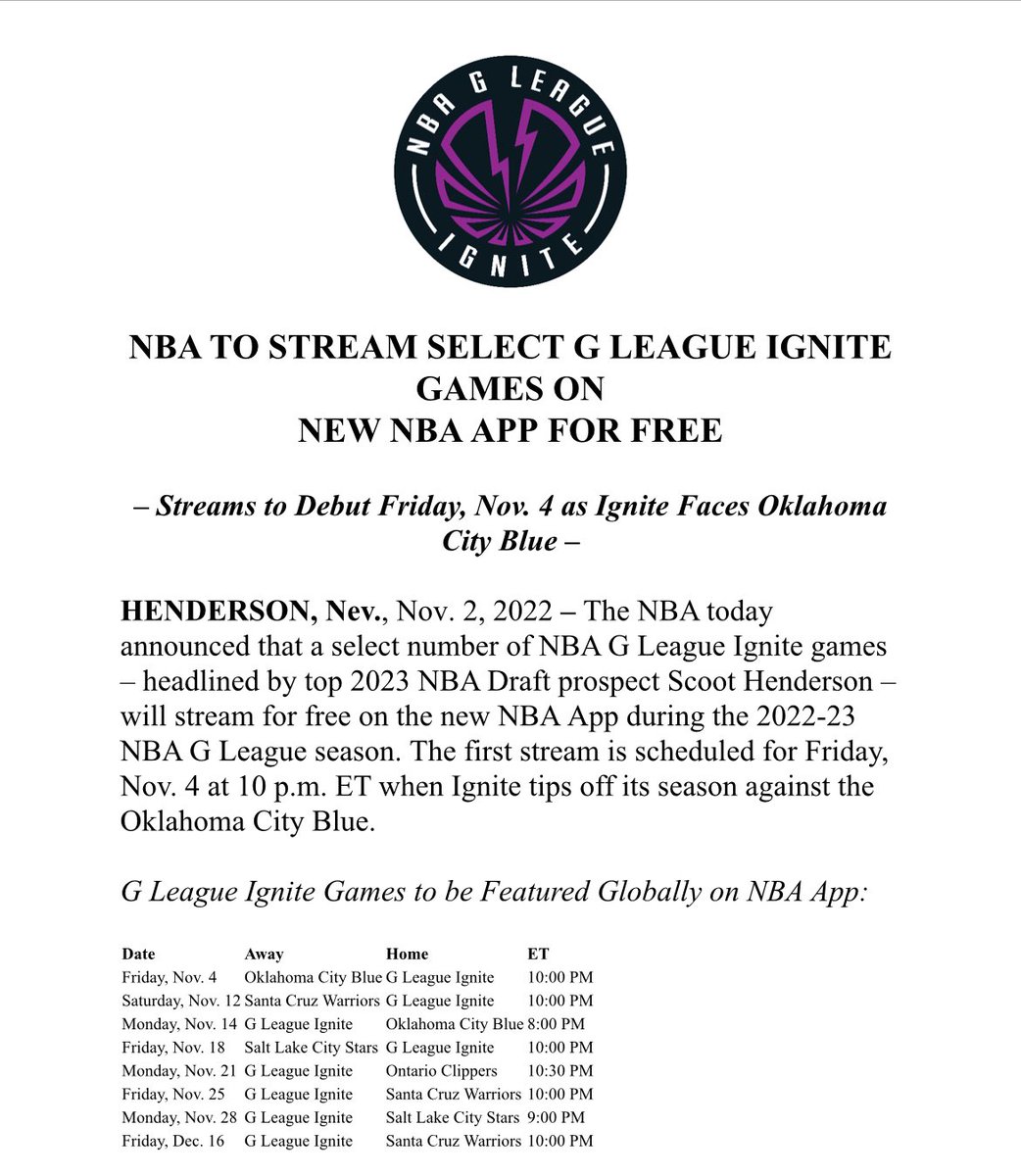 First Wembanyama and now Scoot! The NBA announces that the NBA App will be streaming eight of the G League Ignite’s Showcase Cup games, beginning with this Friday’s season opener against the Oklahoma City Blue.