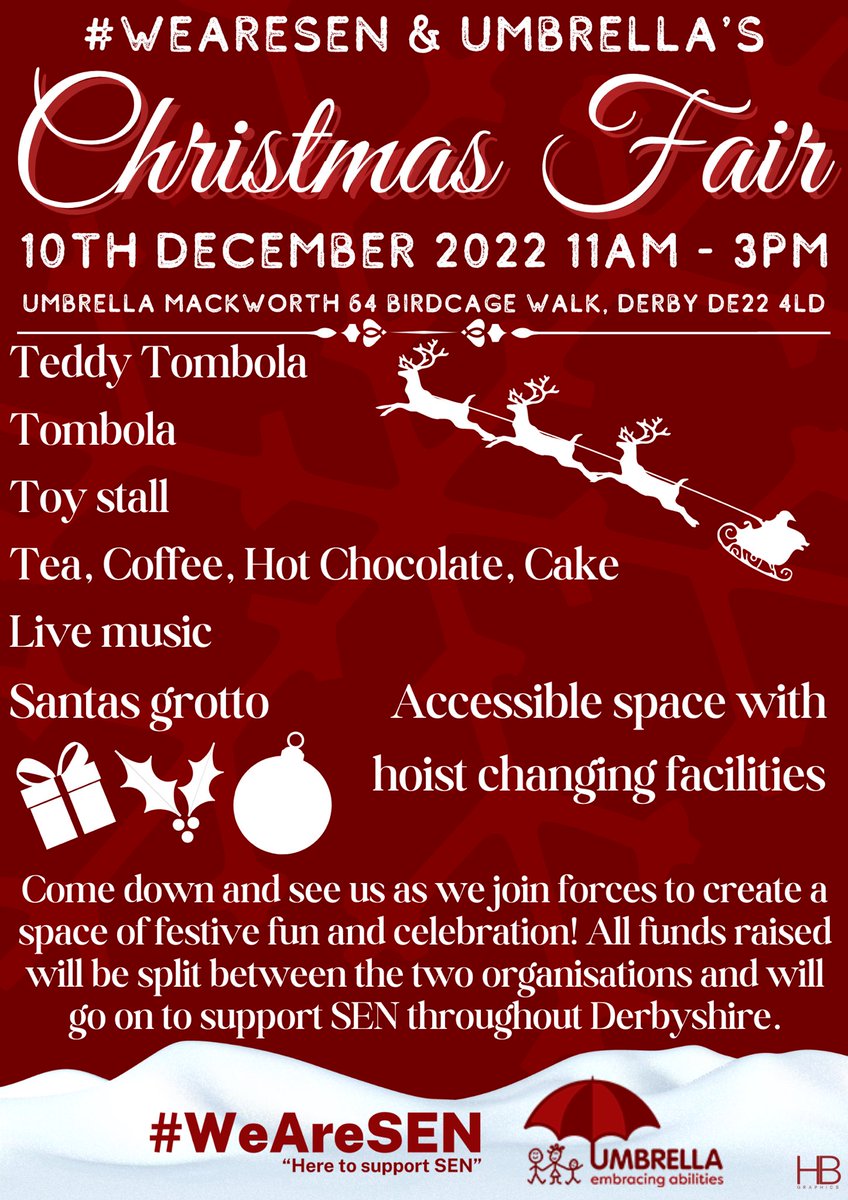 WeAreSEN's tweet photo. 💚💙 WeAreSEN  Umbrella☂️
🎄🎄 🎄Christmas fair 🎄🎄🎄
   🎁 10th December 2022🎁
⭐⭐⭐11am - 3pm⭐⭐⭐
                🎄Free entry🎄 
All Info below:
#WeAreSen #UmbrellaDerby https://t.co/BLEK8OisOY