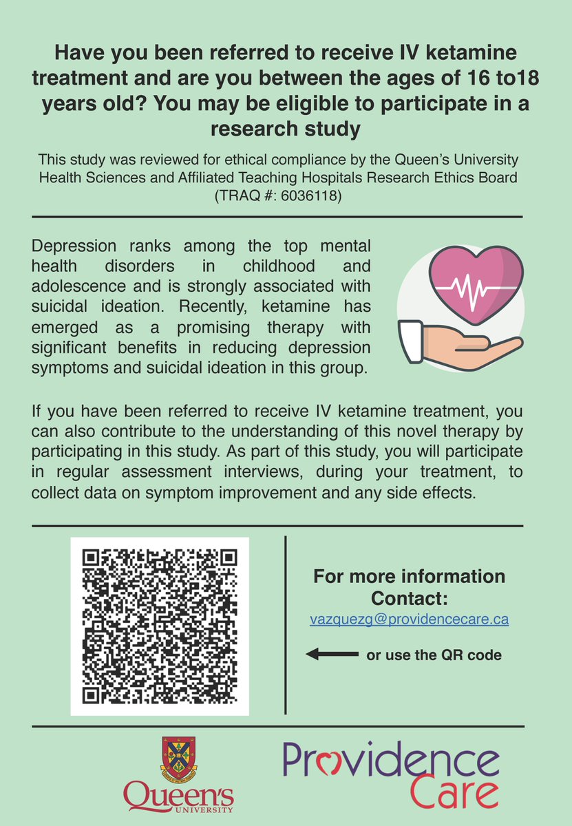 test Twitter Media - A new study is examining how IV ketamine is helping teens 16-18 with their depression symptoms.  

Depression is among the top mental health disorders in teens. 

Learn more how you or your child can participate using the QR code below. 

Funded by the Women's Giving Circle @UHKF https://t.co/XqTCsVkNxQ