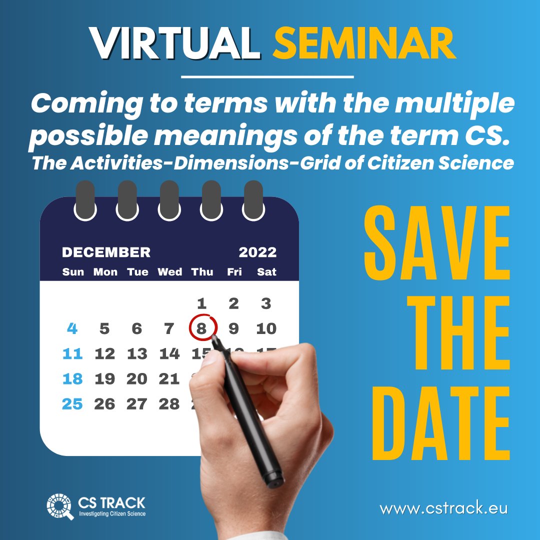 cstrackproject's tweet photo. Save the date! ⤵️

Seminar: Coming to terms with the multiple possible meanings of the term CS. The Activities-Dimensions-Grid of #CitizenScience

🗓️ 8 December
🕑 14:00-15:00 CET
🧑‍💻Seminar leaders: Christine Urban &amp; Michael Strähle, @wilawien 

Register👉https://t.co/2Gnqm4xXCI https://t.co/sEg979mEON