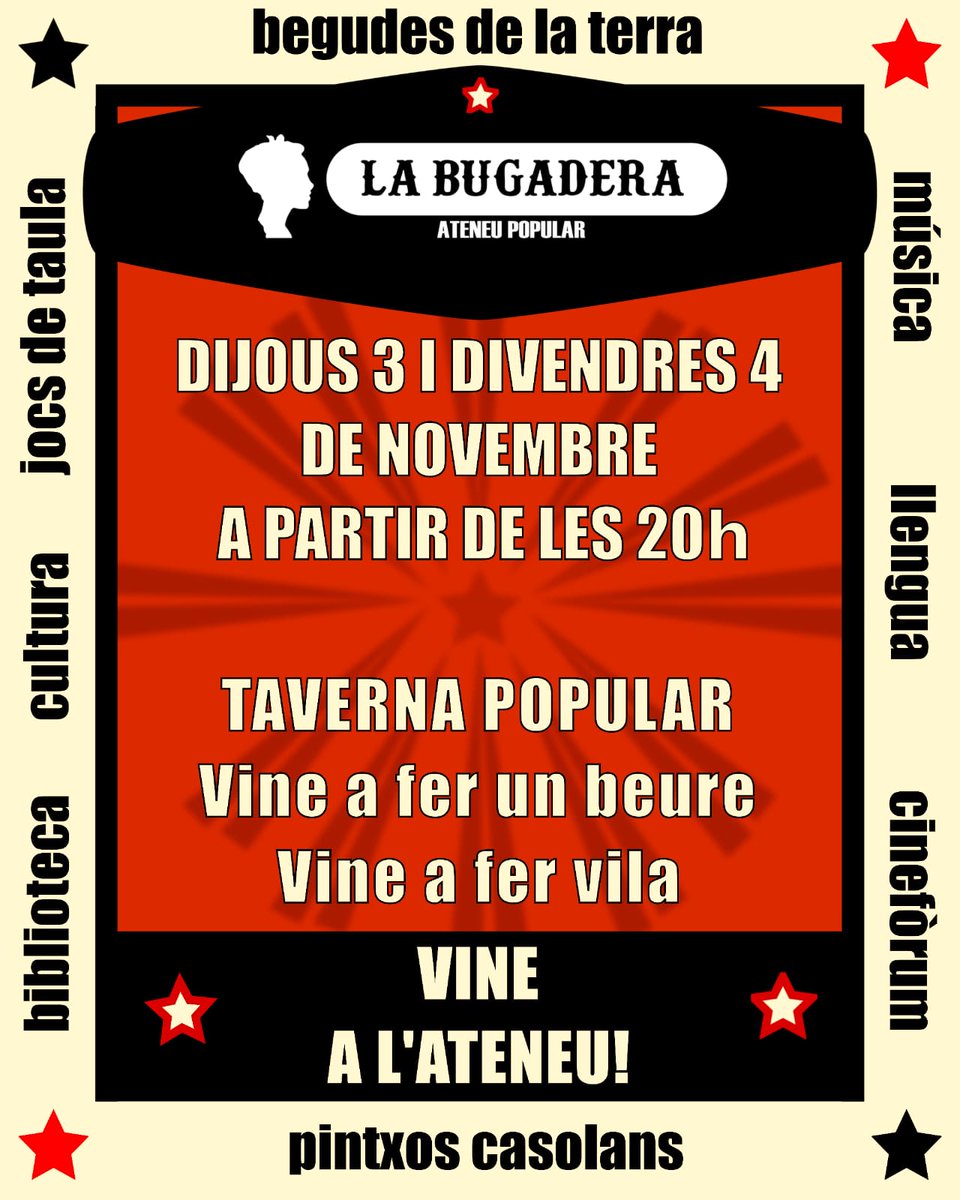 Demà dijous 3 i divendres 4 de novembre serem oberts a parir de les 20h!
Vine a fer un beure, llegir un llibre, jugar o, simplement a xerrar i fer vila a l'ateneu popular del barri!
T'hi esperem!
