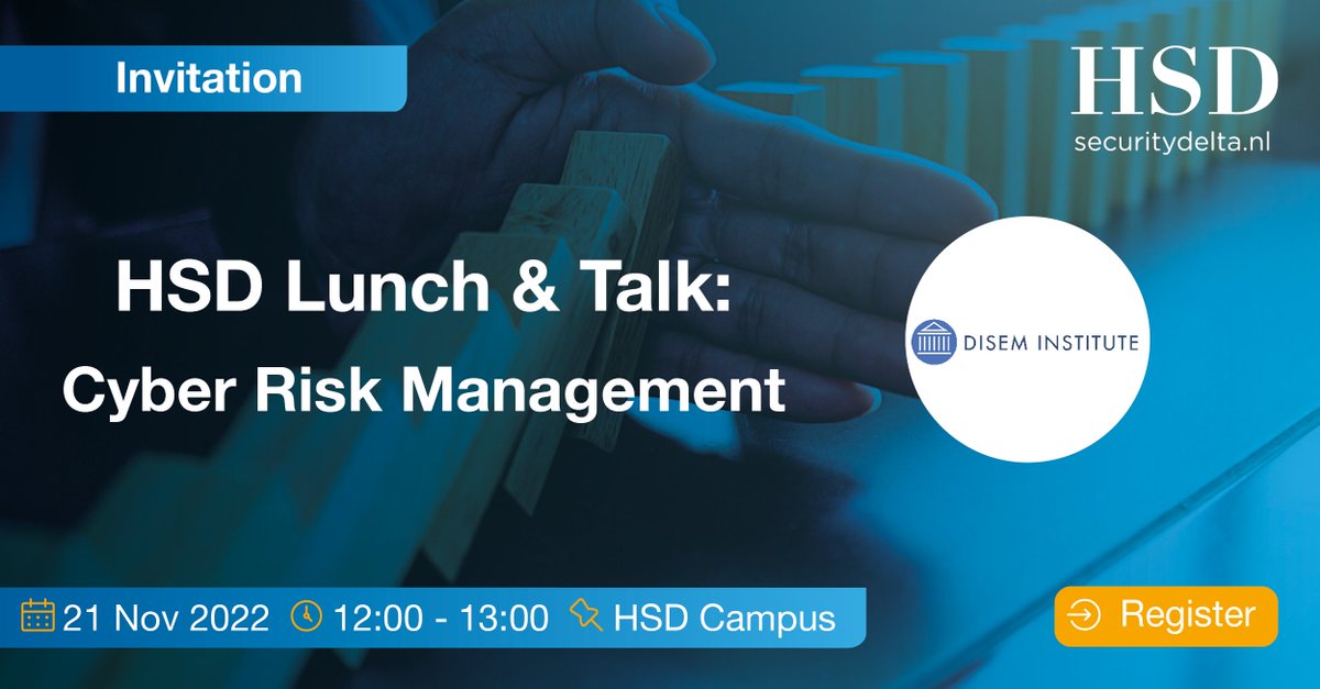 HSD_NL's tweet photo. 🗓Join the upcoming HSD Lunch &amp; Talk on Monday 21 November at the @HSDCampus in the @CityOfTheHague.🗣@Disem_Institute will be our guest to talk about #Cyber_risk_management: How to stay ahead of the curve. Join this HSD Lunch &amp; Talk! Register now! https://t.co/gUs7QPUuOX https://t.co/JDwpMwqg8E