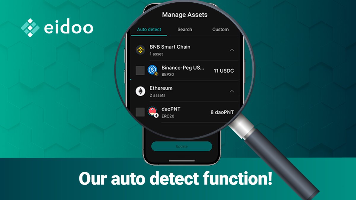 🔎 Eidoo v2 introduces: Auto Detect

Having to add manually every token to your wallet can be boring. That’s why we developed the Auto Detect tool, enabling Eidoo v2 to show you the tokens you hold in your wallet effortlessly.
 
Import your wallet on Eidoo v2 and check it out!