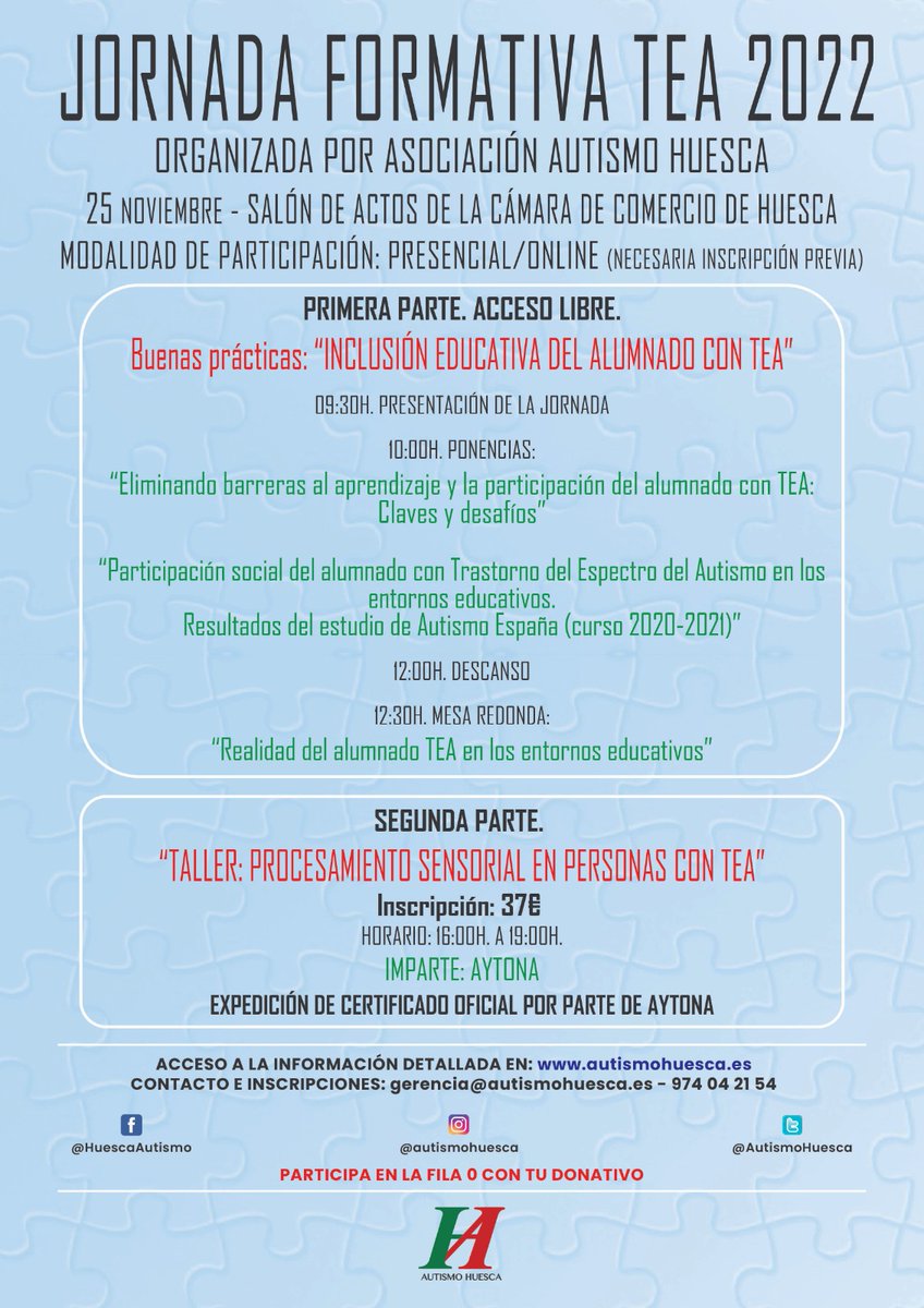 ¡Ya tenemos el cartel definitivo de nuestra jornada formativa TEA!👏🏻 Este año centrada en la inclusión educativa en personas con #TEA y en un taller de procesamiento sensorial con <a href="/Aytona_TO/">Aytona TO</a>  Os dejamos enlace con toda oda la programación: autismohuesca.es/formacion/jorn… #Autismo