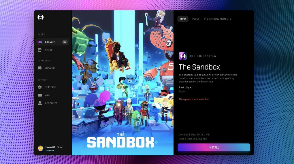 Gm! Today, we're excited to announce HyperPlay, a web3-native game launcher from the future. With HyperPlay, players can carry their wallet, NFTs, tokens, and achievements into every game, even desktop games. Learn more at hyperplaygaming.com 🎮