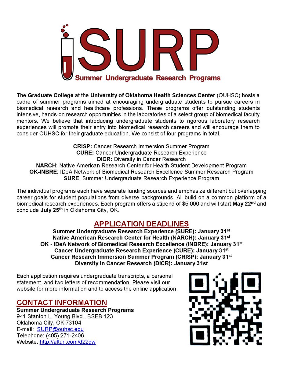 OUHSC Graduate Program in Biomedical Sciences (@ouhsc_gpibs) on Twitter photo Are you looking for undergraduate research experience? Applications are open for the <a href="/OUHSC_Grad/">OUHSC Grad College</a> College Summer Undergraduate Research Programs! Learn more at alturl.com/d22gw
#research #reu #undergraduateresearch #biomedicalscience #cancerresearch #healthdisparities Are you looking for undergraduate research experience? Applications are open for the <a href="/OUHSC_Grad/">OUHSC Grad College</a> College Summer Undergraduate Research Programs! Learn more at alturl.com/d22gw
#research #reu #undergraduateresearch #biomedicalscience #cancerresearch #healthdisparities