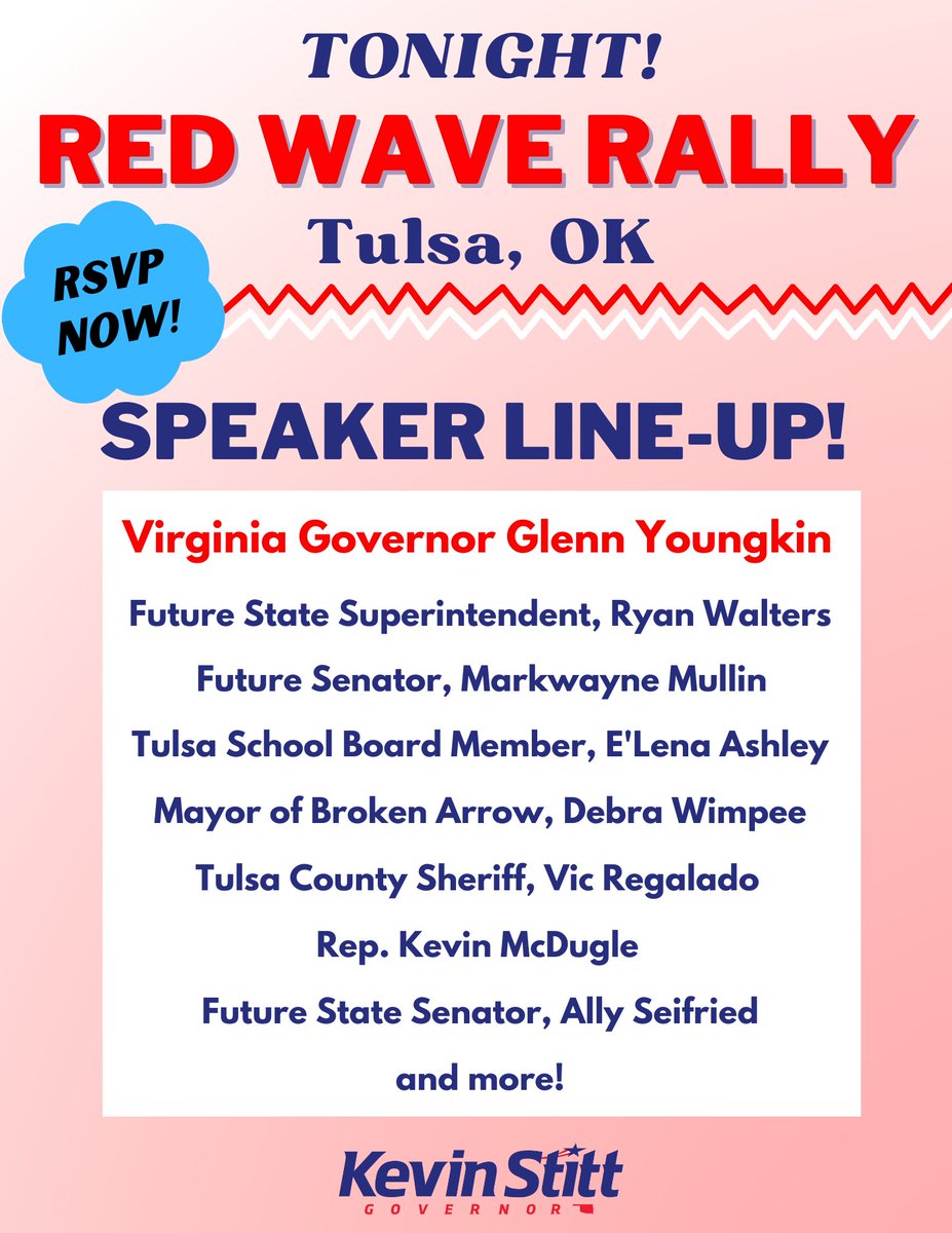 TULSA! Are you ready? RSVP now to be apart of the Red Wave Rally tonight! RSVP here: eventbrite.com/e/red-wave-ral…