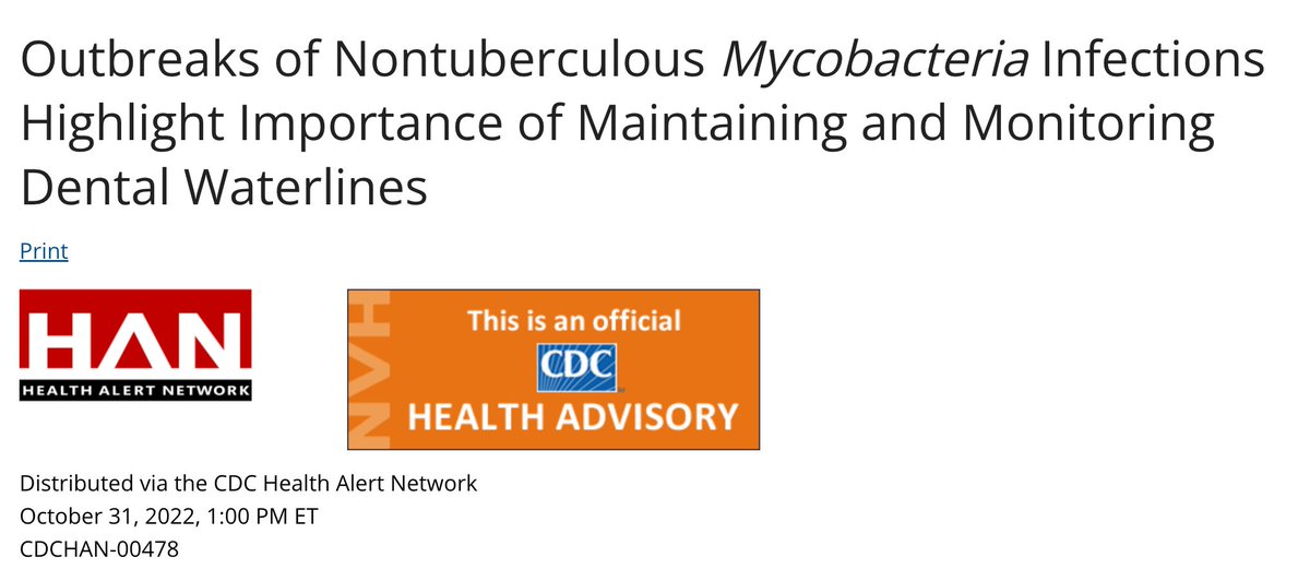 Multiple outbreaks of nontuberculous Mycobacteria (NTM) infections have occurred in children who received pulpotomies in pediatric dental clinics where the dental treatment water contained high levels of bacteria.