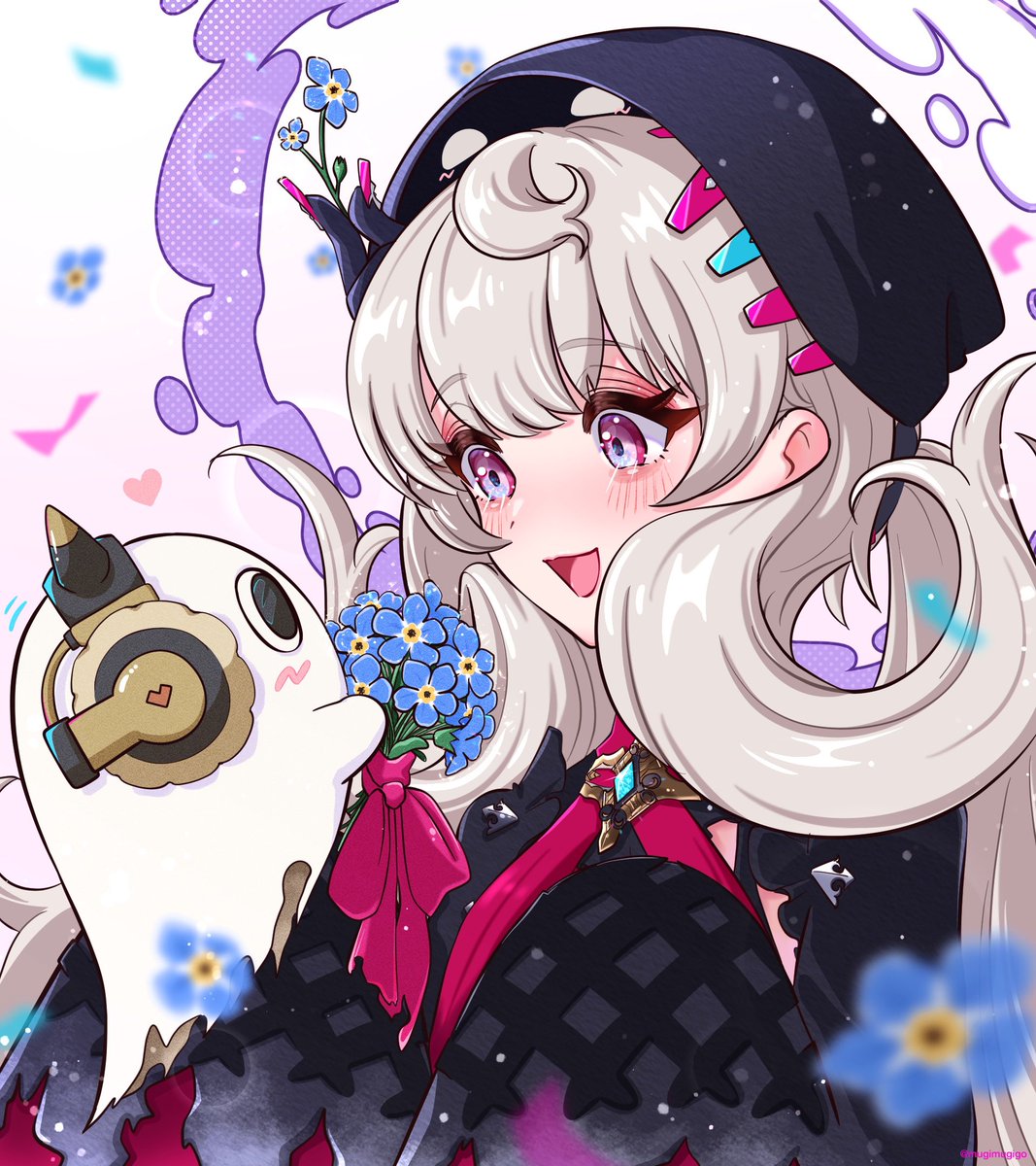 1girl black headwear flower ghost long hair purple eyes sleeves past fingers  illustration images