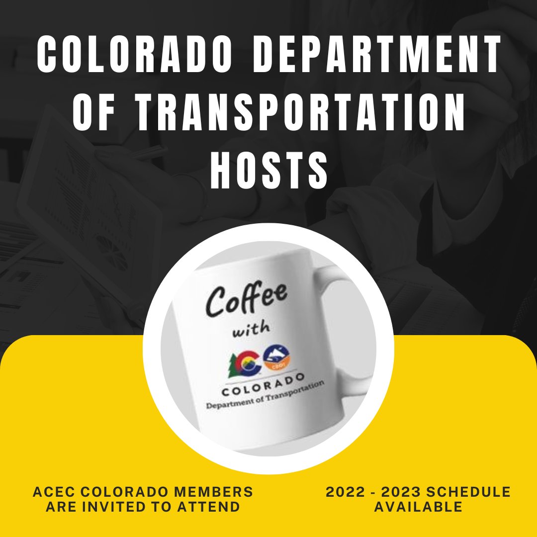 ACEC Colorado (@acec_co) on Twitter photo <a href="/ACEC_CO/">ACEC Colorado</a> partners with CDOT to host a monthly Coffee at CDOT on various environmental topics ow.ly/xguL50Lr6nr
Contact our Membership Services Coordinator to be added to the email distribution list. The next coffee is Tuesday, Dec. 6, 8:30-10 a.m. <a href="/ACEC_CO/">ACEC Colorado</a> partners with CDOT to host a monthly Coffee at CDOT on various environmental topics ow.ly/xguL50Lr6nr
Contact our Membership Services Coordinator to be added to the email distribution list. The next coffee is Tuesday, Dec. 6, 8:30-10 a.m.