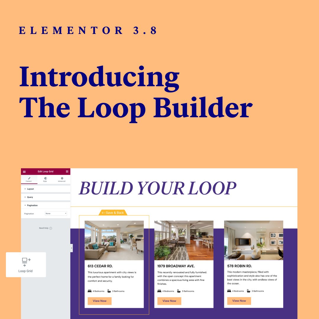 Elementor 3.8 introducing the Loop Builder (Pro): empowering tool to help you gain more creative freedom, and design your posts and listings any way you’d like. This version also includes Flexbox Containers Beta, and "Remove a kit" tool.
All about it here: elemn.to/release3-8