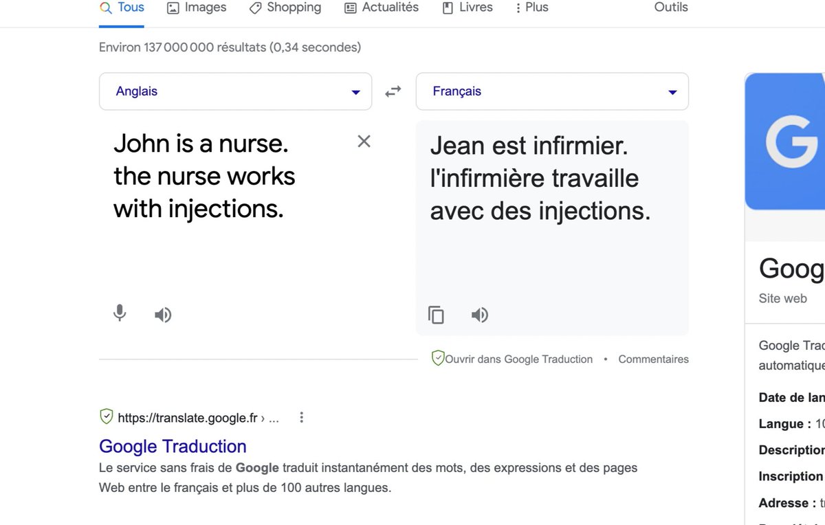 Working on automatic translation, AI and gender biases for a class I teach. I just try a little text on Google Translate with an expected bias (from English to French):