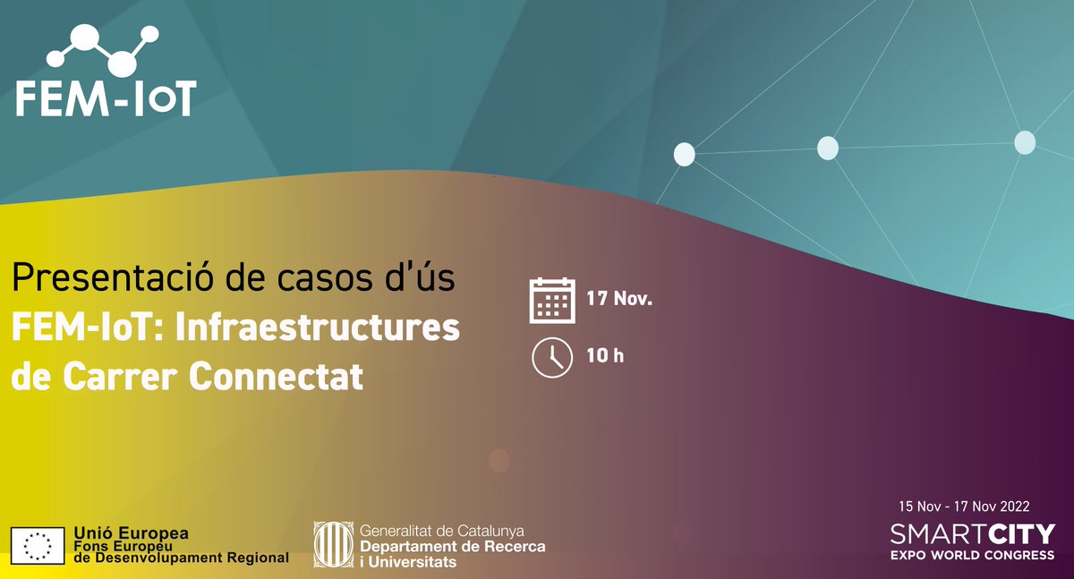 🚘 Durant la pròxima edició de l'<a href="/SmartCityexpo/">Smart City Expo World Congress</a> es farà una presentació de #FEMIoT en la que s'explicaran els casos d'ús desenvolupats durant el projecte d'Infraestructures de Carrer Connectat. Apunta't ja! 🔗 cutt.ly/7BLhsyc

 #FEDERrecerca <a href="/FonsUECat/">Fons europeus a Catalunya</a> <a href="/iCERCA/">Centres CERCA</a>